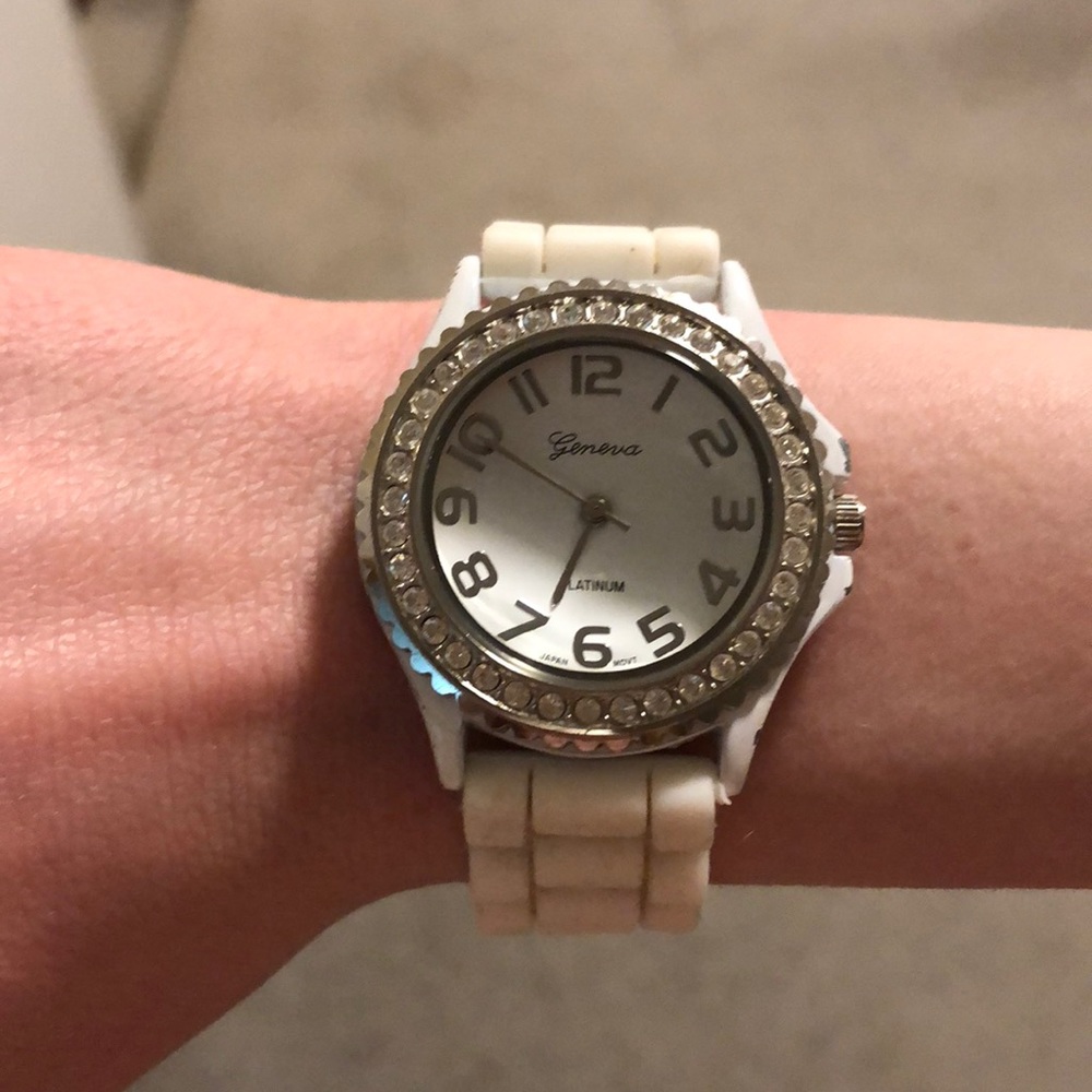 White watch with fake diamond rim (some scratches)